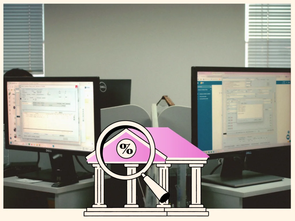 Ilustração de apuração de impostos com símbolo de porcentagem sobre uma estrutura fiscal, representando cálculos e consolidações automáticas de tributos no ERP