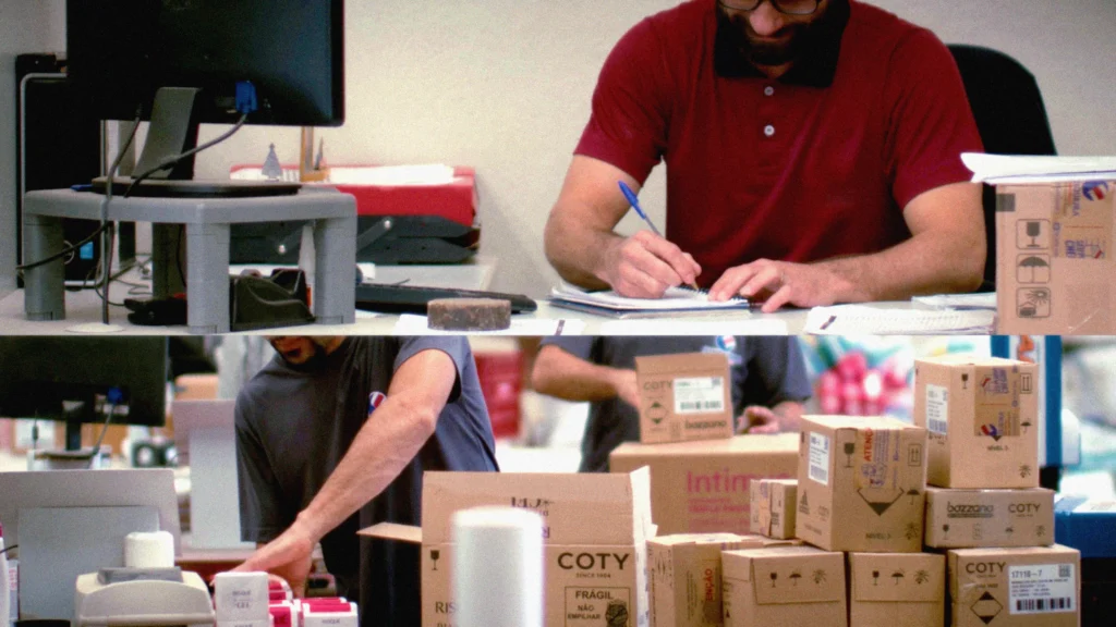 Profissional organizando caixas em centro de distribuição, representando eficiência e agilidade nas operações com o sistema ERP da Target.