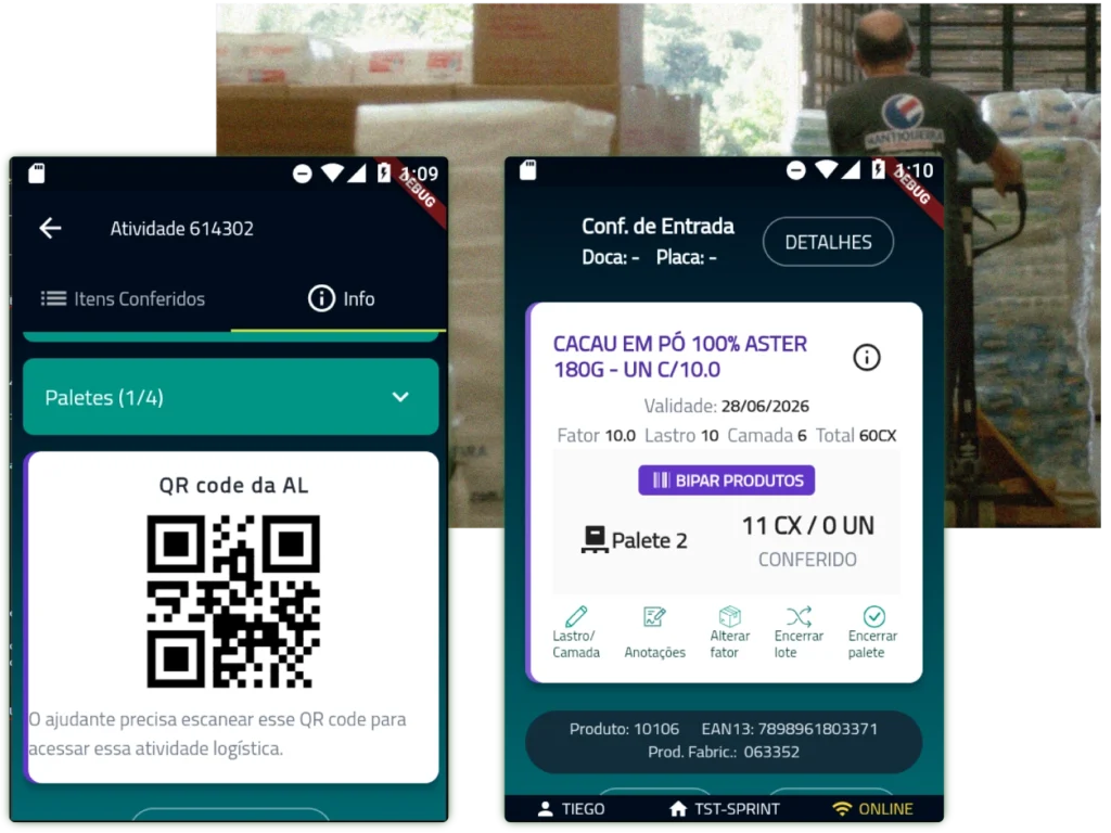 ela de recebimento de mercadorias no WMS da Target Sistemas com conferência por código de barras de lotes, quantidades e validades.