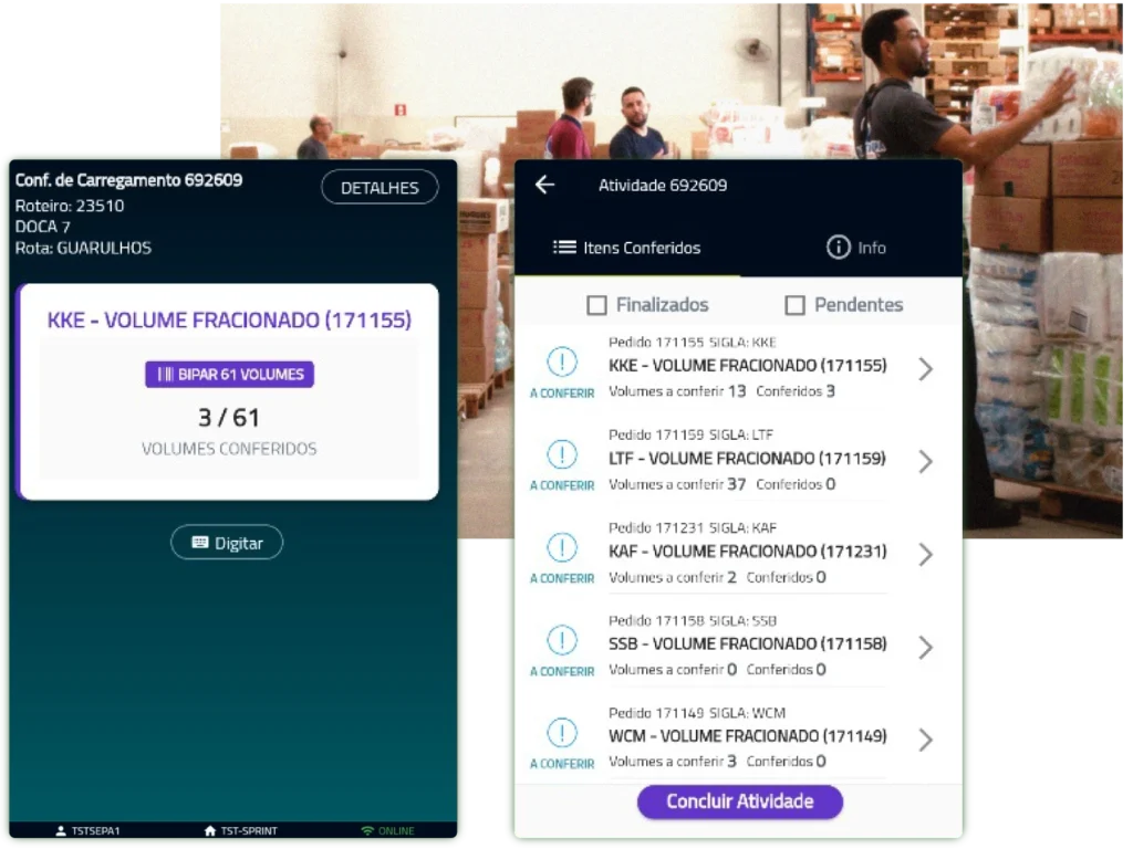 Tela de expedição e carregamento no WMS da Target Sistemas, mostrando conferência de volumes e DANFEs via código de barras para garantir consistência entre físico e notas fiscais.